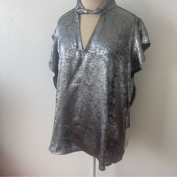 Worthington 0X Shimmering Silver Blouse Keyhole Neck Short Sleeve Satin - Picture 2 of 12